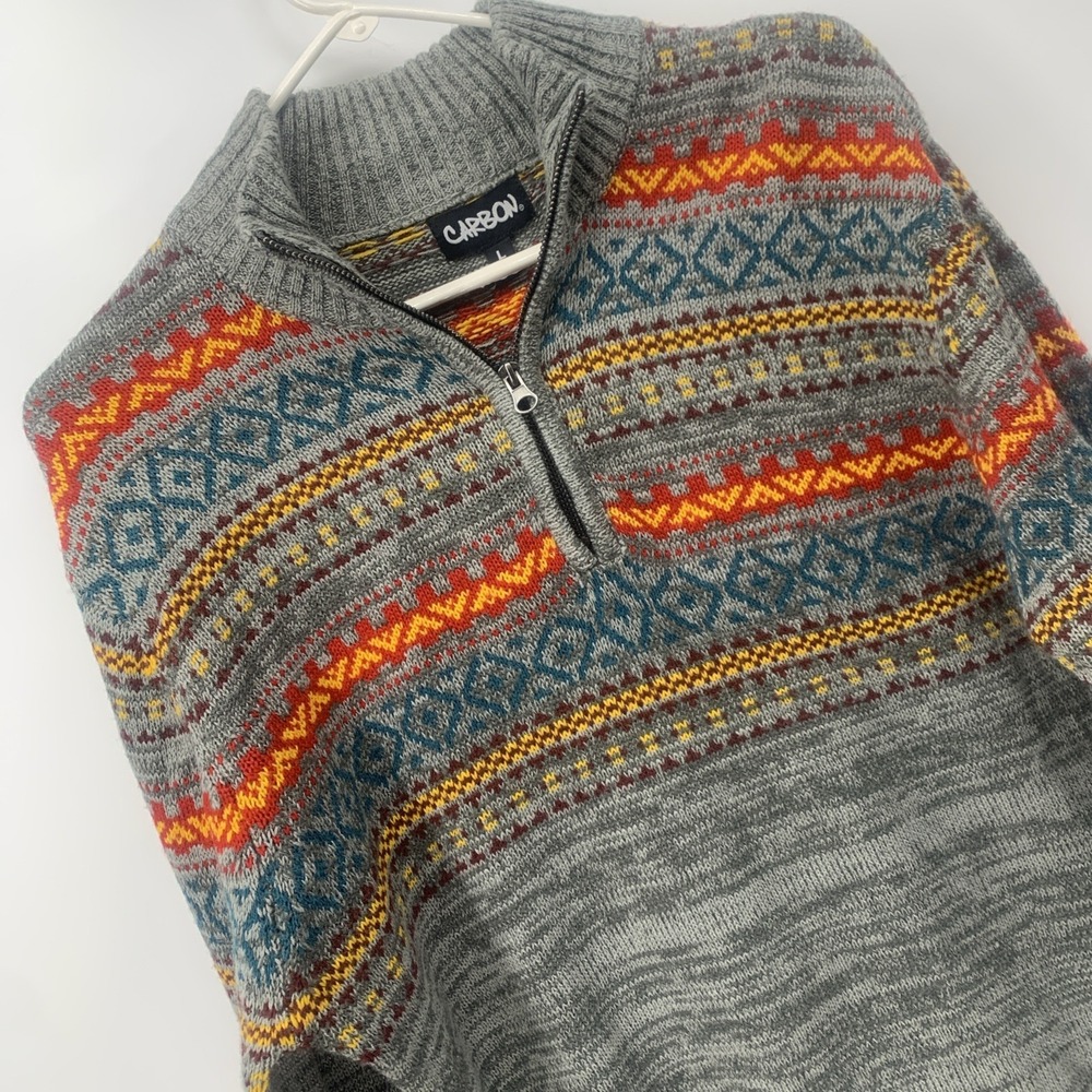 Carbon Gray With Bold Aztec Print  Style 1/4 Zip Sweater Size Large